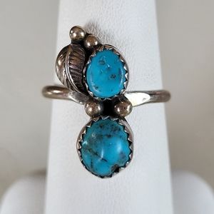 Estate Sterling Silver Two Stone Turquoise Ring.  Size 7.  Stamped R.